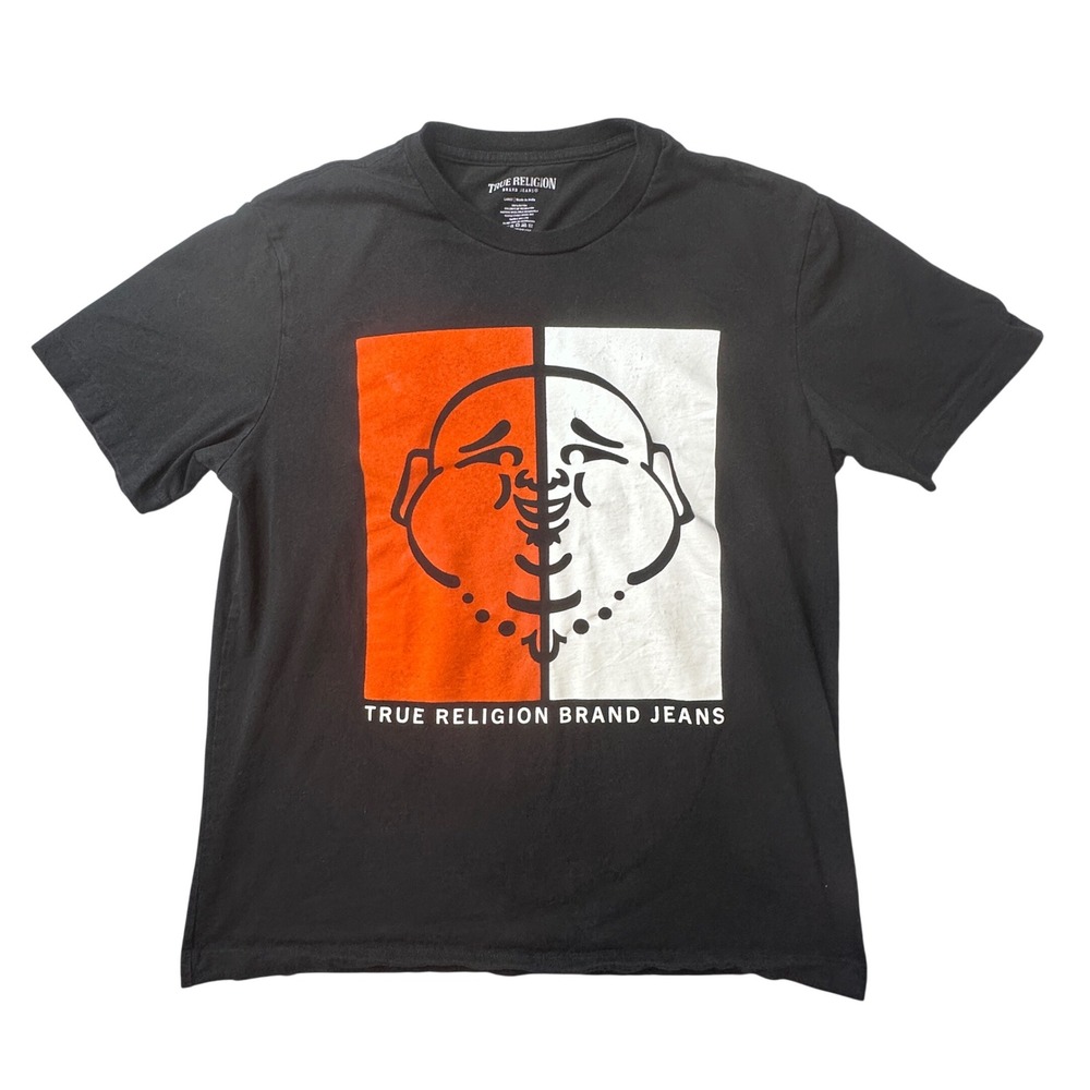 True Religion T-Shirt Mens L Black Buddha Graphic Short Sleeve Cotton Tee